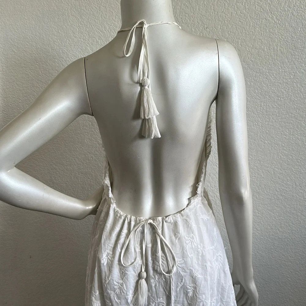 ZARA | Embroidered Open Back Halter Dress White Tassels Gold Beads Size Medium - Picture 7 of 12